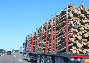 semi truck carrying harvested wood racing down the interstate
