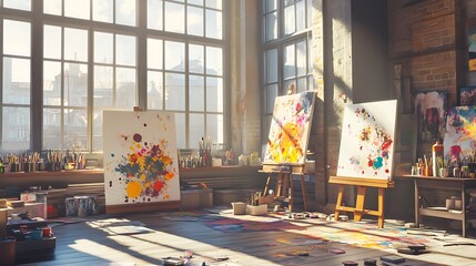 Sunlit artist's studio glows with natural light for creative expression inspiring atmosphere artistic tools vibrant energy peaceful workspace imaginative process harmony concept.