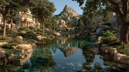 Scenic Natural Landscape with Rocky Mountain and Reflective Water in Forest Setting