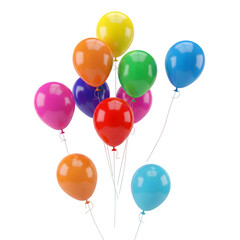 3D illustration of colorful balloons isolated on a white surface. A bunch of helium-filled balloons taking flight for birthday or anniversary greetings - these floating, inflated balls.