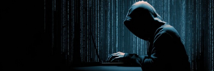 Silhouette of a Hacker in a Hoodie Working on a Laptop Surrounded by Streams of Binary Code in a Dimly Lit Environment