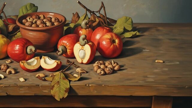 Still Life: Vibrant Cashew Apples & Nuts, Rustic Table, Autumnal Hues, Detailed Painting