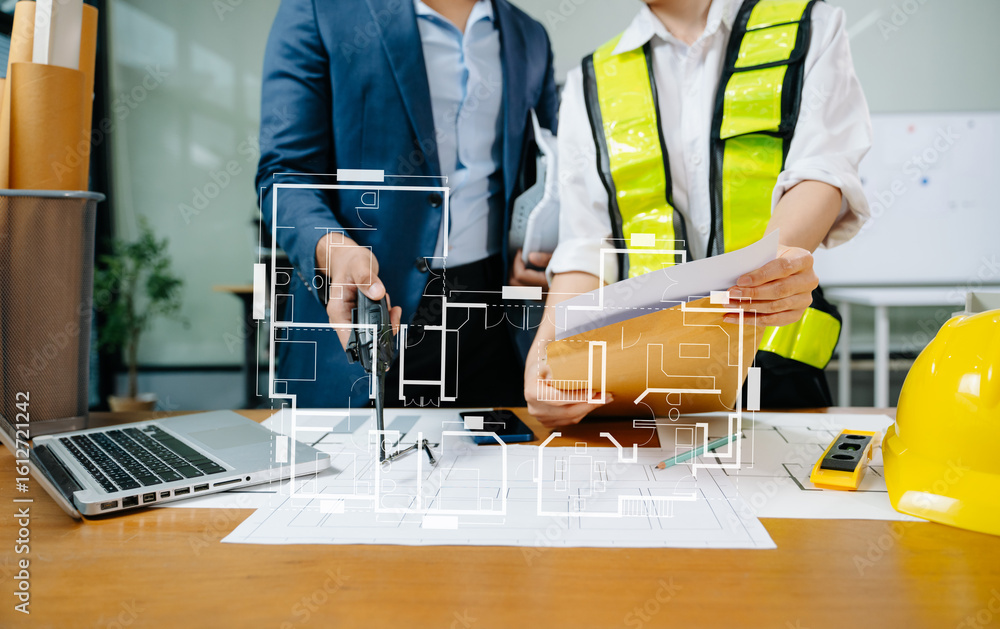 Poster creative architect projecting on the big drawings with architectural project at construction site at