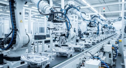 Automated Industrial Robotic Arm Assembly Line, A Modern Factory Production Process, Precision and Efficiency.