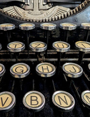 close-up view of the vintage typewriter keyboard keys