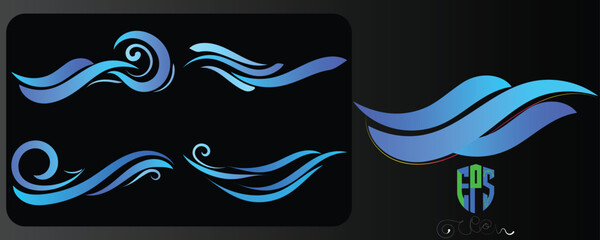 This image features flowing, stylized blue waves against a white background with set.