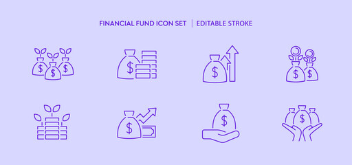 Fototapeta premium Fund asset management icon set. Money bag with coins, growth graph for finance and investment concept. Success and wealth saving icons. Dollar sign currency bag for transaction payment editable icon