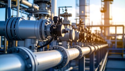 Industrial facility pipes and valves at sunset