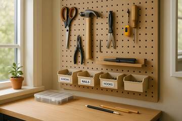 Organized home workshop pegboard with hand tools and labeled containers in bright workspace