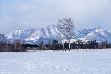 Winter ranch and mountains in the middle of the day