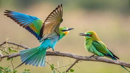 A colorful lilac-breasted roller, blue and yellow macaw, and blue and yellow-billed hornbill perch on a branch, showcasing the beauty of tropical wildlife