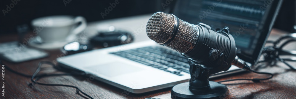Poster student records podcast sharing effective study tips using a microphone and laptop setup during an a