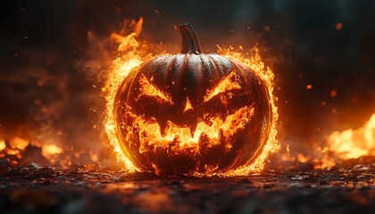 Naklejka premium Jackolantern engulfed in intense orange flames and smoke halloween pumpkin