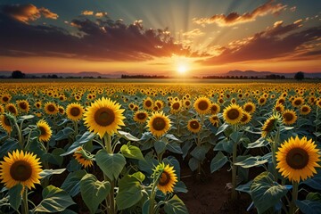 Fototapeta premium Vast sunflower field bathed in golden sunset light