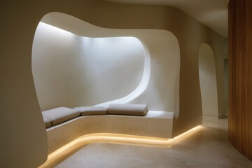 Bed pod built into wall alcove with soft beige lighting and underframe shadow pooling, organic curves casting controlled ambient