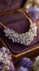 Obraz premium Elegant blue flower necklace displayed on a luxurious velvet box surrounded by delicate flowers