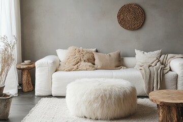 Scandinavian Nordic home interior design for a modern living room, featuring a fluffy fur pouf near a white sofa with pillows and a blanket. Rustic wooden slab coffee table placed, Generative AI