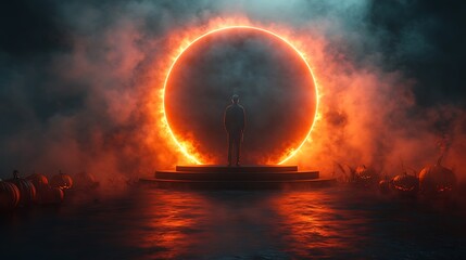 Man standing before glowing orange portal surrounded by pumpkins and smoke image