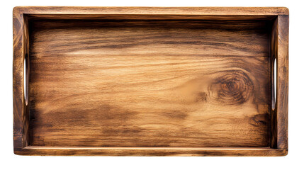 A top down view of a rectangular wooden tray with handles isolated on transparent background