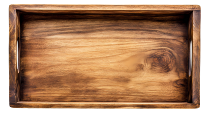 A top down view of a rectangular wooden tray with handles isolated on transparent background