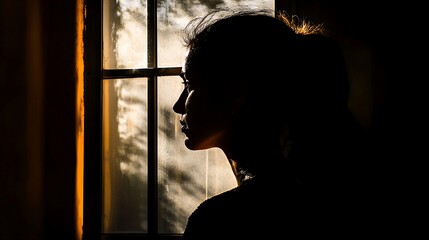 Silhouette of a woman stands by the window with soft light for quiet reflection emotional stillness peaceful moment introspective mood serene atmosphere elegant solitude concept.