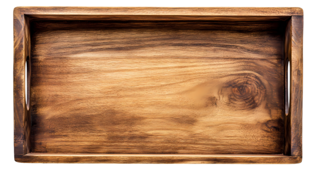 A top down view of a rectangular wooden tray with handles isolated on transparent background