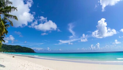 Fototapeta premium Idyllic tropical beach scene; white sand, turquoise water, palm trees, and a bright blue sky with fluffy clouds