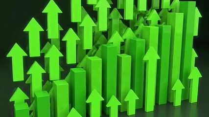 Green arrows bars of varying heights point upwards against a dark background - Powered by Adobe