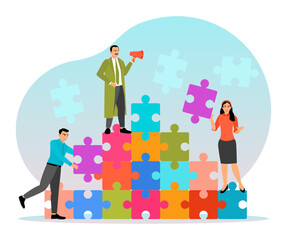 Business Concept. Team Collaboration Building Puzzle Pieces Symbolizing Teamwork and Creativity.