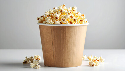 Close-up of packaged popcorn with a minimalist background, perfect for snacking while watching a movie