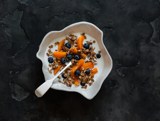 Delicious healthy breakfast - greek yogurt with granola, apricots and blueberries in a ceramic bowl on a dark background