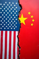 American flag and China flag on crack wall. USA finance, government, and economics concept. Trade war. Tax and tariff concept. Trade agreements, and international diplomacy