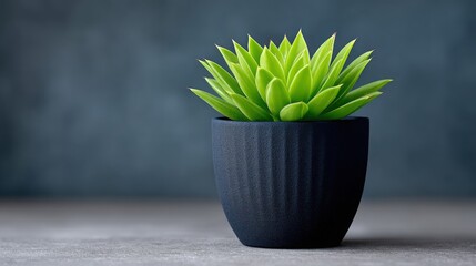 A small green plant is sitting in a black pot on a wooden table