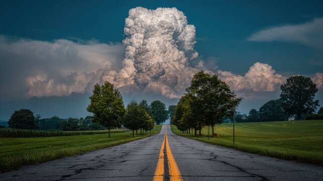 Country road leading to a massive storm cloud