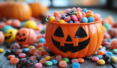 Orange Jack-o-lantern bucket overflowing with colorful assorted Halloween candies candy