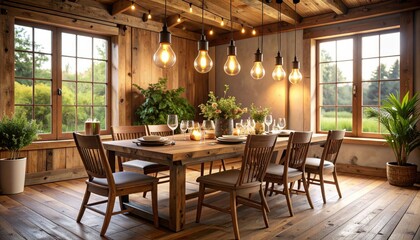 Rustic Dining Room with Edison Bulbs and Wooden Accents
