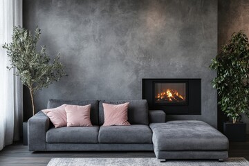 Grey sofa with a pink pillow placed near a black fireplace against a concrete wall with ample copy space. Scandinavian home interior design for a modern living room, Generative AI