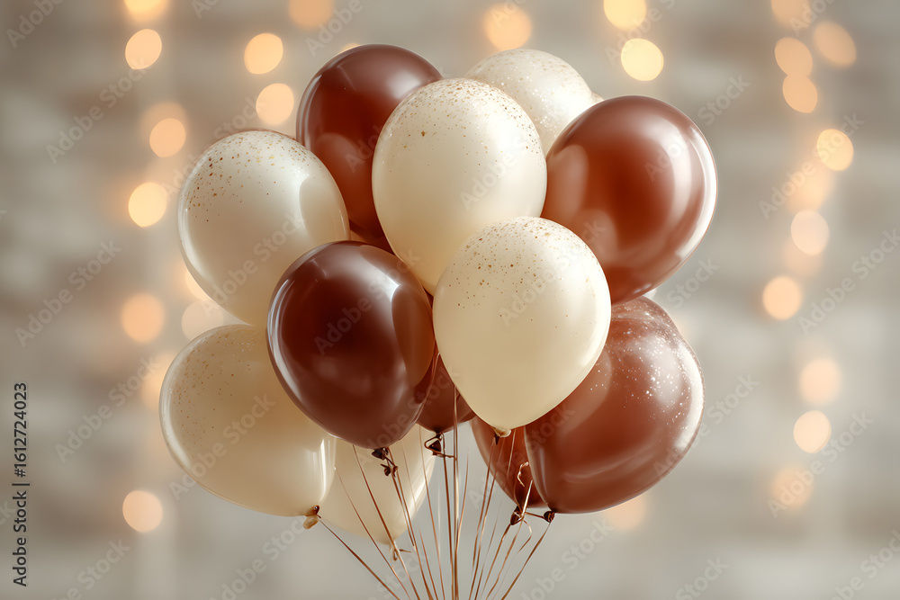 Poster elegant cluster of brown and cream balloons with bokeh background creating a festive atmosphere