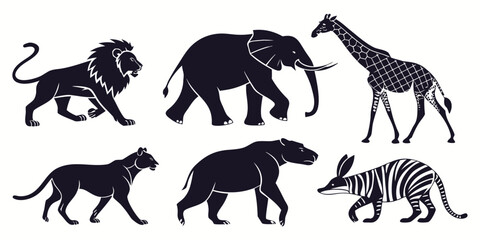 Naklejka premium Vector art of a collection of african animal silhouettes including a lion, elephant, giraffe, hyena, aardvark, and zebra