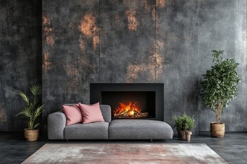 Grey sofa with a pink pillow placed near a black fireplace against a concrete wall with ample copy space. Scandinavian home interior design for a modern living room, Generative AI