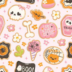 Cute Halloween Cookie Seamless Pattern with Spooky Sweets, Pumpkin, Skull, Spider Web and Bones, Pastel Halloween Background