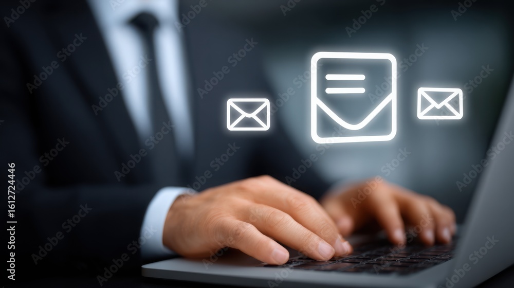 Poster a man is typing on a laptop with a large envelope icon on the screen