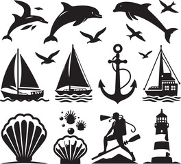 Vintage vector set of nautical and pirate sea travel icons with ship, boat, sun, and lighthouse illustrations, perfect for summer beach vacation patterns or ocean sketches