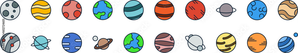 Poster collection of planet color icons of puzzle. minimalistic linear pictogram for web and graphic design