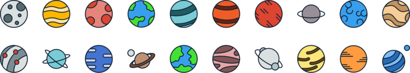 Collection of Planet Color Icons of Puzzle. Minimalistic Linear Pictogram for Web and Graphic Design, Apps, Banners, Social Network and Cards