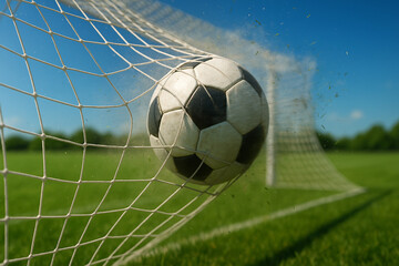 A white and black leather soccer ball rests in the net of a green field, having scored a goal during a competition