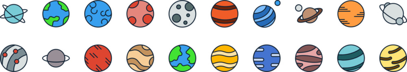 Fototapeta premium Pack of Color Icons of Planet. Minimalistic Linear Pictogram for Web and Graphic Design, Apps, Banners, Social Network and Cards
