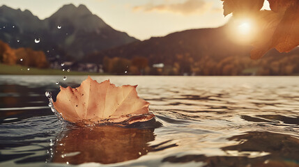 Autumnal Leaf Floating on Rippling Water with Splashing Droplets at Sunset