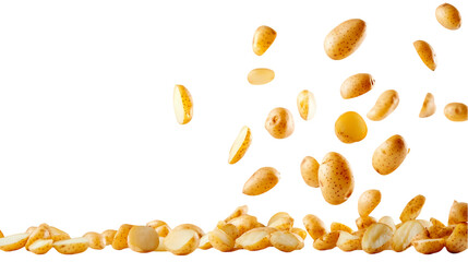 Falling And floating potatoes food content isolated on transparent background