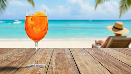 A refreshing orange spritz cocktail on a wooden table with a beautiful tropical beach and a relaxing person in the background.